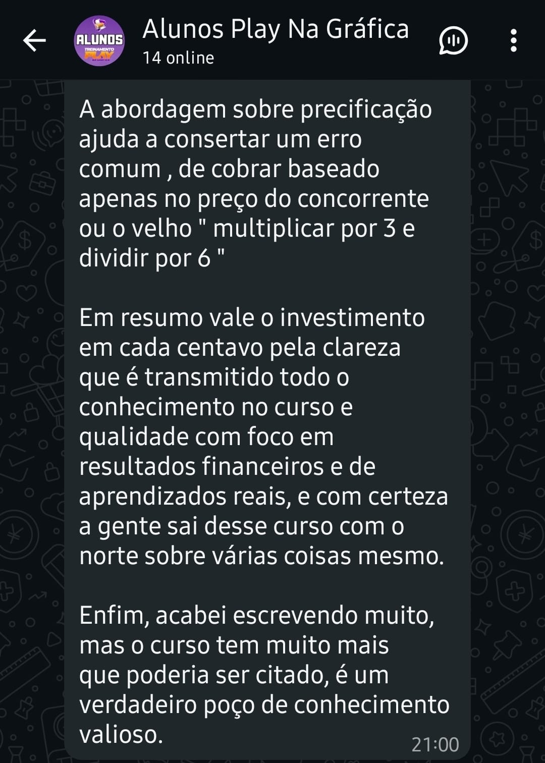 Depoimento aluno - precificação vale o investimento